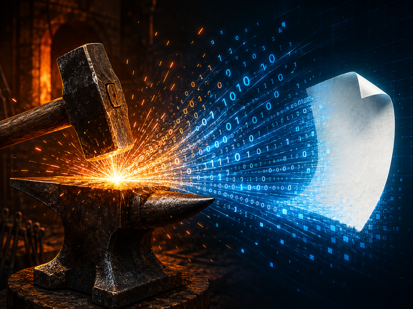 Hammer schlägt auf Amboss, Funken verwandeln sich in Code